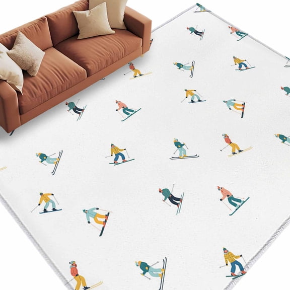 Skiing Washable Rug 5x7 Area Rugs for Living Room, Winter Snow Ski Sports Cartoon Boys Girls Skier Large Bedroom Rug Soft Non-Slip Low Pile Floor Carpet for Dining Room Kitchen Office Laundry Nursery