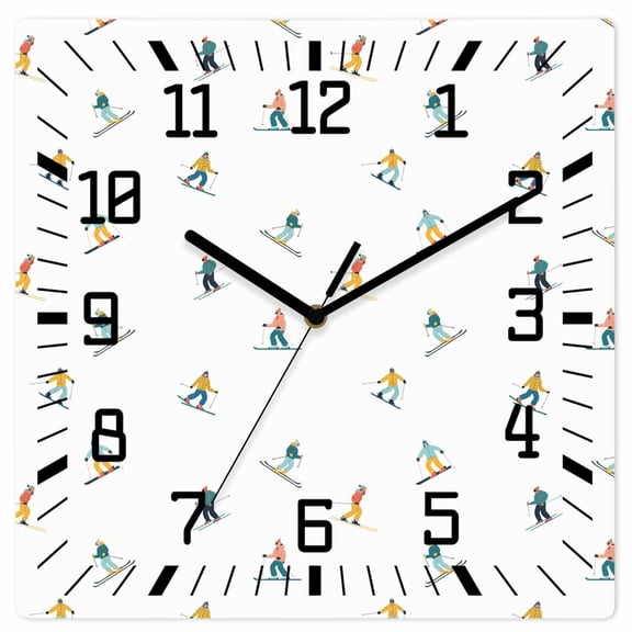 Skiing Wooden Wall Clock Silent Non Ticking, Winter Snow Ski Sports Cartoon Boys Girls Skier Square Wall Clocks Battery Operated, Decor Clock for Home Office, Living Room, Kitchen, 12 Inch