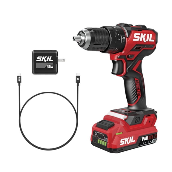 SKIL PWR CORE 20 Brushless 20V 1/2 Inch Compact Hammer Drill Kit, Includes 2.0Ah USB-C Battery and 45W PD Charger - HD6294B-1C