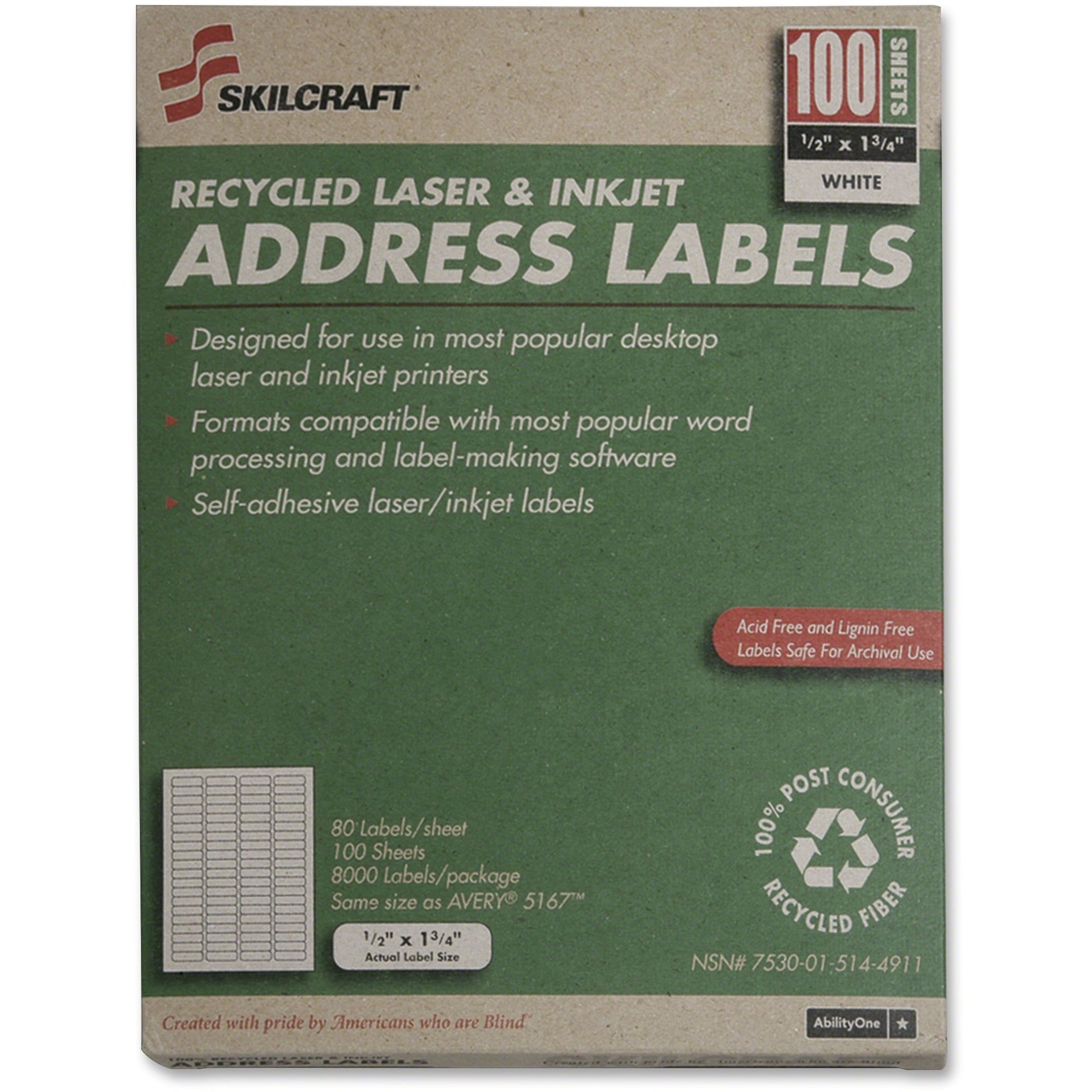 Skilcraft Address Labels, 80/Sheet, 1/2"x1-3/4", 800/BX, White 5144911