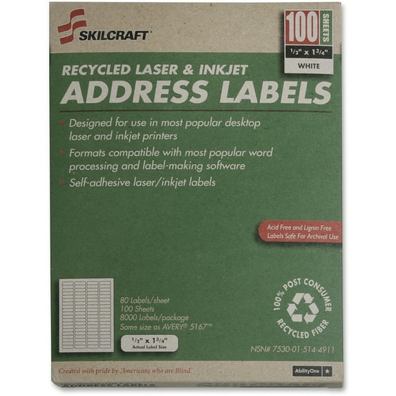 Skilcraft Address Labels, 80/Sheet, 1/2"x1-3/4", 800/BX, White 5144911