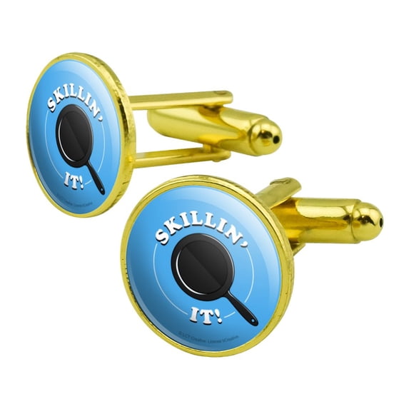 Skillin' It Killing Skillet Cooking Funny Humor Round Cufflink Set Gold Color