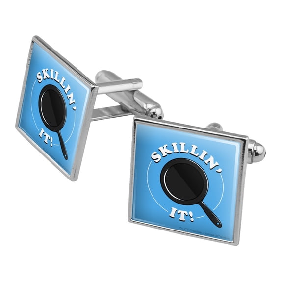 Skillin' It Killing Skillet Cooking Funny Humor Square Cufflink Set - Silver or Gold