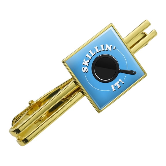 Skillin' It Killing Skillet Cooking Funny Humor Square Tie Bar Clip Clasp Tack- Silver or Gold