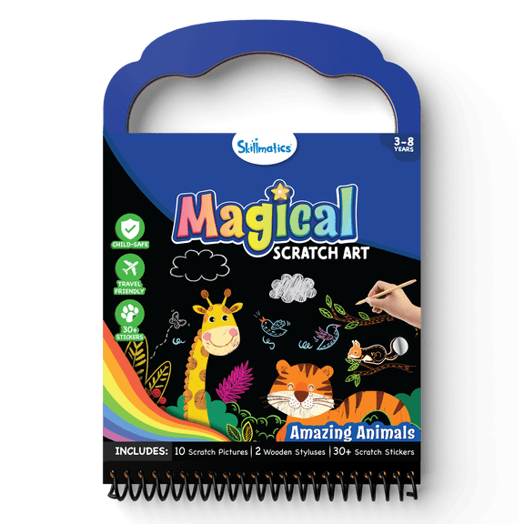 Skillmatics Scratch Art Book for Kids - Animals, Craft Kits & Supplies, 30+ Scratch Stickers, Travel Toys, DIY Kit, Gifts for Boys & Girls Ages 3, 4, 5, 6, 7, 8