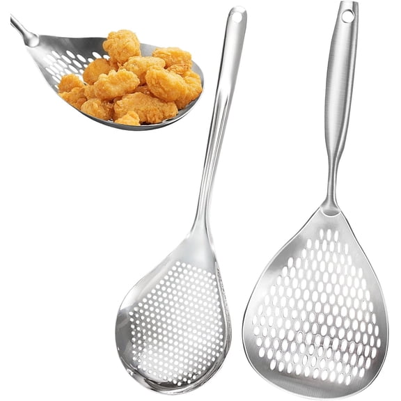 Skimmer Slotted Spoon, 2 Pack Stainless Steel Pasta Spider Strainer Ladle for Frying and Cooking, Frying Strainer Spoon, Kitchen Cooking Skimmer Colander