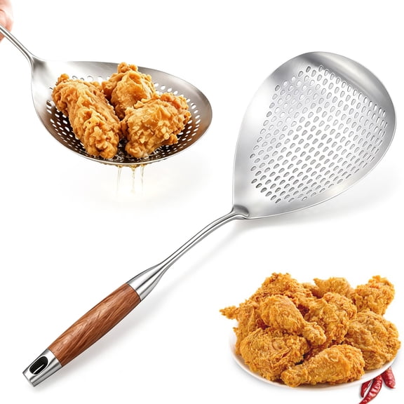 Skimmer Slotted Spoon 304 Stainless Steel With Wooden Handle 17.7 inch Skimmer Spider Food Strainer Ladle Kitchen Deep Frying Scoop