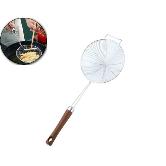 Skimmer Spoons, 5.3 Inch Spider Strainer Skimmer Ladle for Cooking and Frying, Cooking Utensils Frying Spoon with Wooden Handle, Wire Slotted Spoon for Kitchen