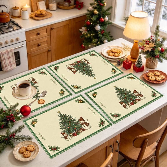 Skimsklo 4 Pack 17.7 x 11.8 in Christmas Placemats, Washable Polyester Holiday Table Mats with Christmas Tree Print for Kitchen, Dining Table & Xmas Party Decor