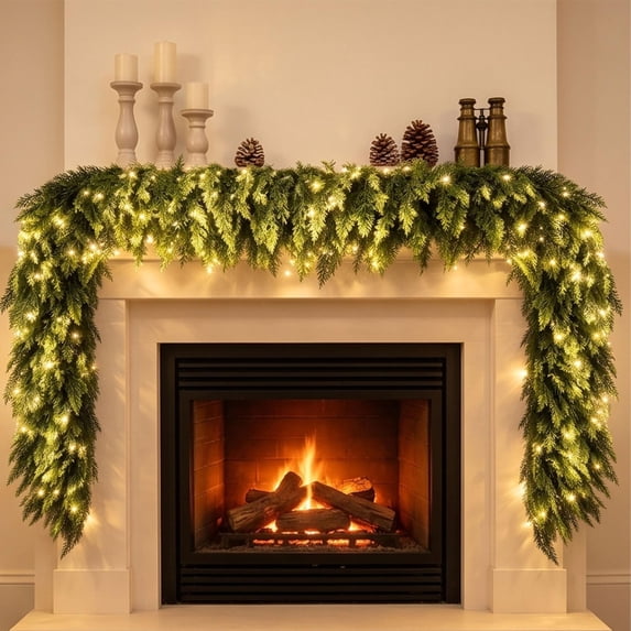 Skimsklo 71-Inch Artificial Norfolk Pine Christmas Garland with Separate Colored LED Light Strip Unassembled Plastic Holiday Mantel Wall Decoration