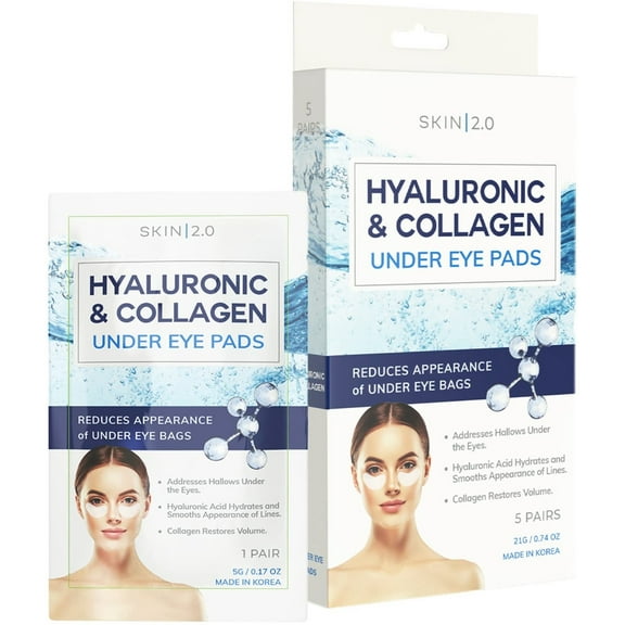 Skin 2.0 Hyaluronic Acid and Collagen Under Eye Patches - Anti-aging, Reduces Under Eye Bags & Wrinkles, Firming & Hydrating Under Eye Pads - Cruelty Free Korean Skincare For All Skin Types - 5 Pairs