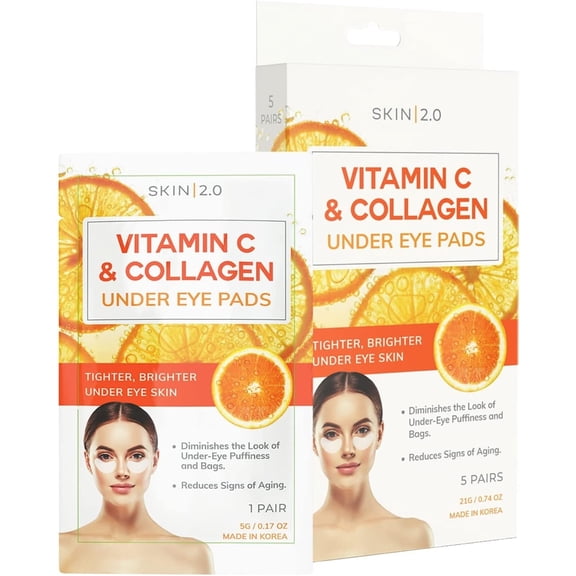 Skin 2.0 Vitamin C & Collagen Under Eye Patches - Dermatologist Tested - Brightens Dark Circles, Tightens Under Eye Area, Anti-Aging - Natural Ingredients Korean Skin Care - All Skin Types - 5 Pairs