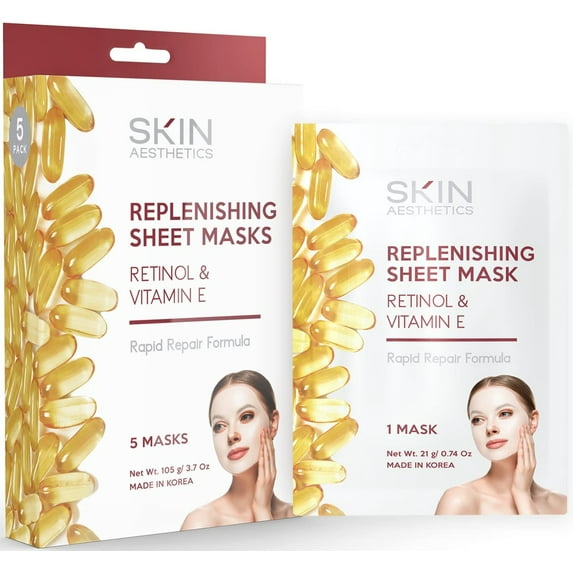 Skin Aesthetics Retinol & Vitamin E Sheet Face Mask - Repairs Damaged Skin, Diminishes Fine Lines & Wrinkles, Anti-aging Sheet Mask - Cruelty Free Korean Skincare For All Skin Types - 5 Masks