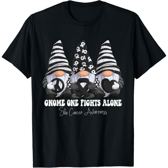 Skin Cancer Awareness Month Black Ribbon Gnomies Support T-Shirt