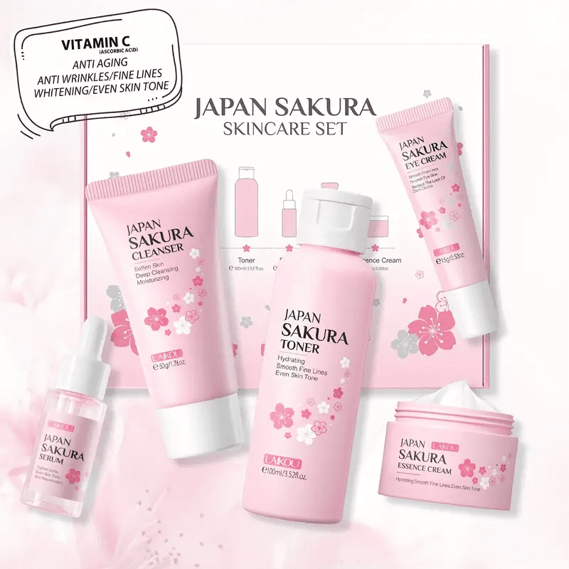 Skin Care Set JAPAN SAKURA Women Beauty Gift Sets Skin Care Kit with Cleanser, Toner, Lotion, Serum, Eye Cream, Face Cream Travel Kit for Women Teen Girls Mom Daughter TSA-friendly Sizes 6pcs