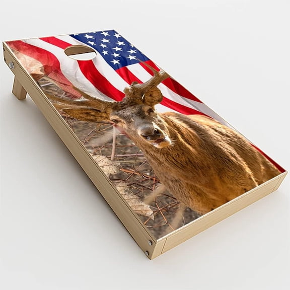 Skin Decals Vinyl Wrap for Cornhole Game Board Bag Toss (4 pcs.) Includes Dry Erase Marker and Scoreboard | Camo Deer and US Flag