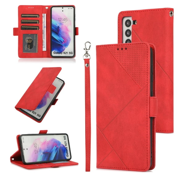 Skin-Friendly Wallet Case for Samsung Galaxy S22, Premium PU Leather Shockproof Card Slots Cash Holder Flip Cover with Kickstand Folio Magnetic Clasp Wrist Hand Strap Handbag Case,Red