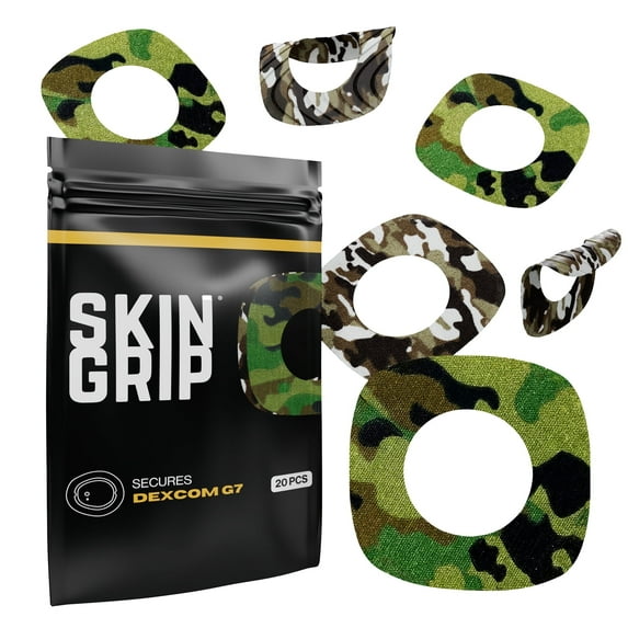 Skin Grip Dexcom G7 & Stelo Patches with Sensor Cut-Out Hole - 20 Pack, Waterproof CGM Glucose Monitor Adhesive Covers, Durable Long-Lasting Patches - Camo
