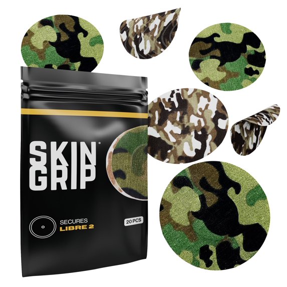 Skin Grip Freestyle Libre 2 & Lingo Patches - 20 Pack, Waterproof CGM Glucose Monitor Adhesive Covers, Durable Long-Lasting Sensor Patches - Camo