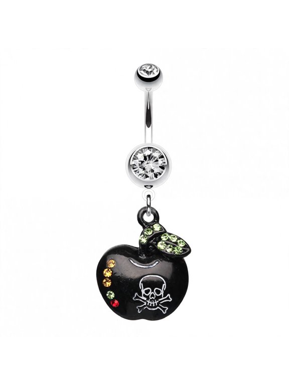 Black Poisoned Apple Skull Sparkle 14G Surgical Steel Belly Button Ring, Clear