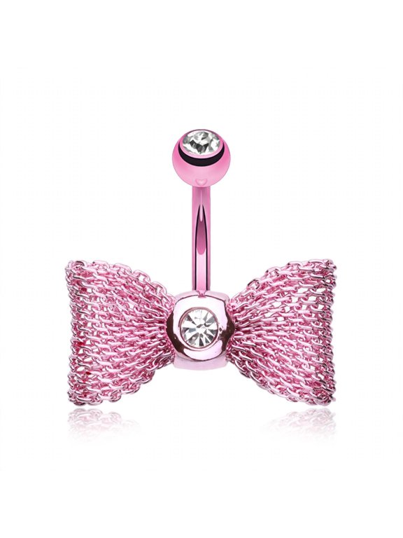 Colored Mesh Bow-Tie Ribbon 14G Colorline Steel Belly Button Ring, Pink/Clear