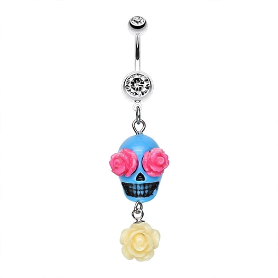 Skrloton Rings Skin Metals Florid Sugar Skull Dangle 14G Surgical Steel Belly Button ...