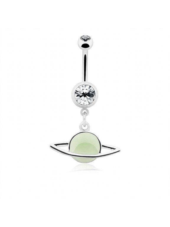 Glow in the Dark Saturn Ring Planet 14G Surgical Steel Belly Button Ring, Clear/Green
