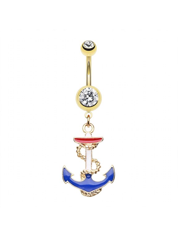 Golden Classic Euro Anchor 14G Gold-Plated Steel Belly Button Ring, Clear