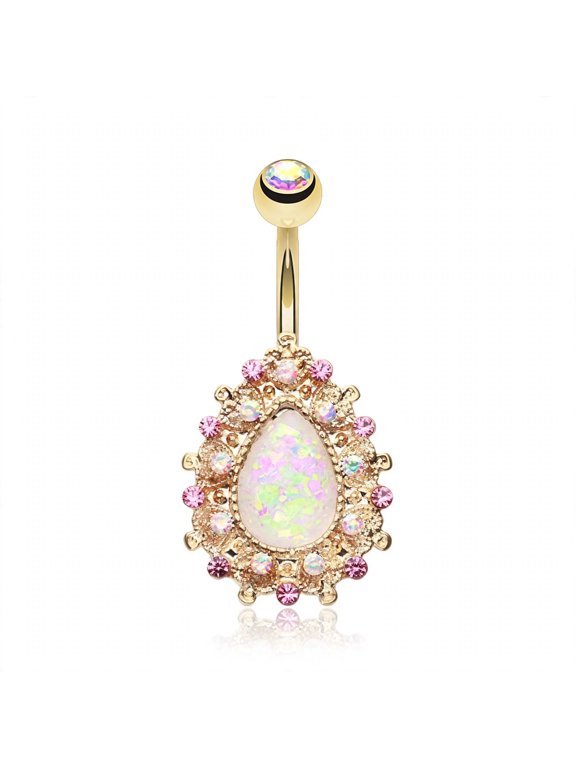 Golden Eirene Opal 14G Gold-Plated Steel Belly Button Ring, Aurora Borealis