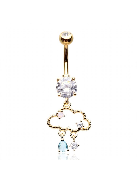 Golden Only Happy When It Rains Cloud 14G Belly Button Ring, Clear/Pink/Aqua