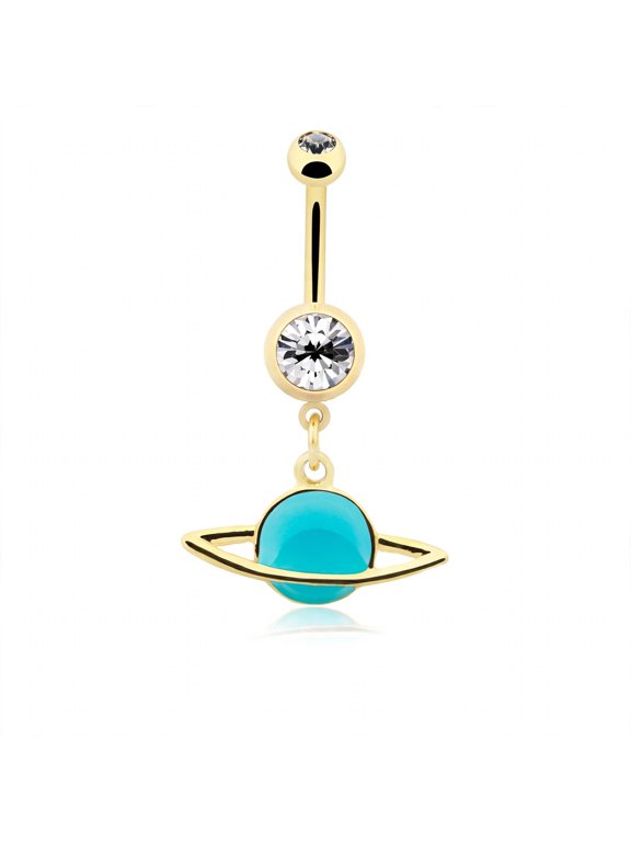 Golden Saturn Ring Planet 14G Gold-Plated Steel Belly Button Ring, Blue