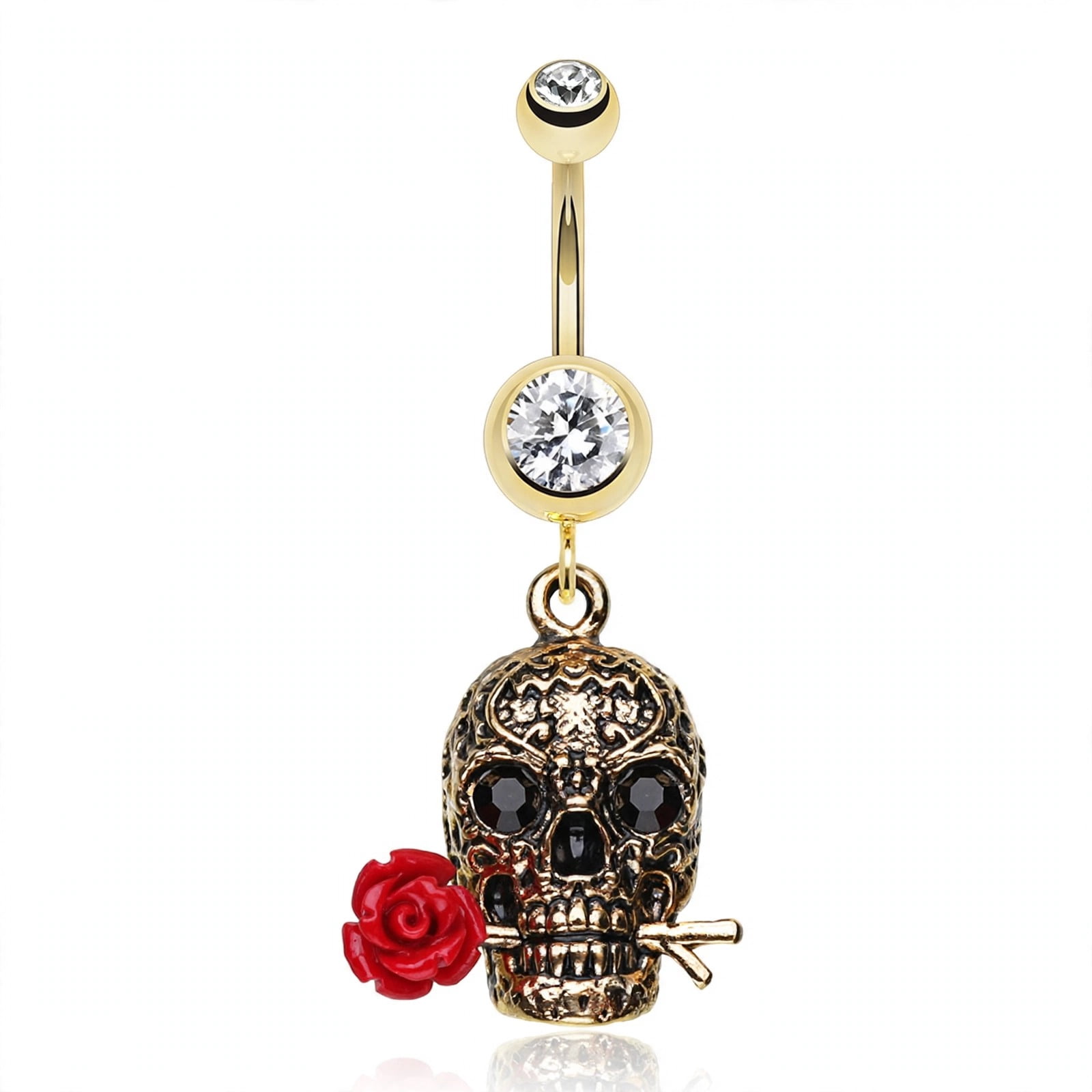 Goldish Roses Skin Metals Golden Skull Rose 14G Gold-Plated Steel Belly Button Ring ...