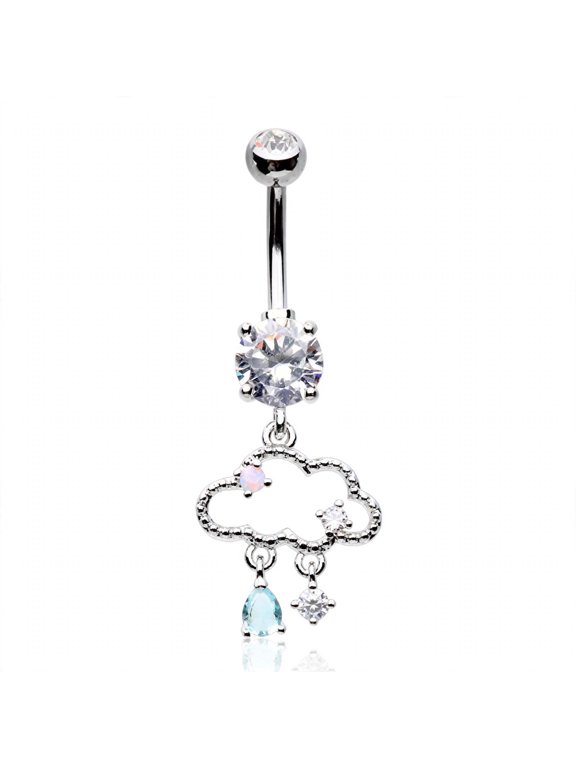 Only Happy When It Rains Cloud 14G Surgical Steel Belly Button Ring, Clear/Pink/Aqua