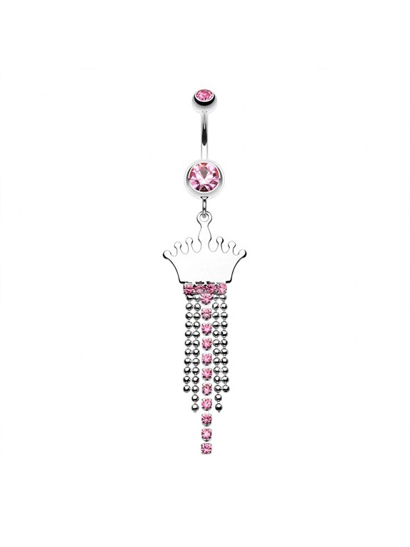 Princess Crown Jeweled 14G Surgical Steel Belly Button Ring, Light Pink