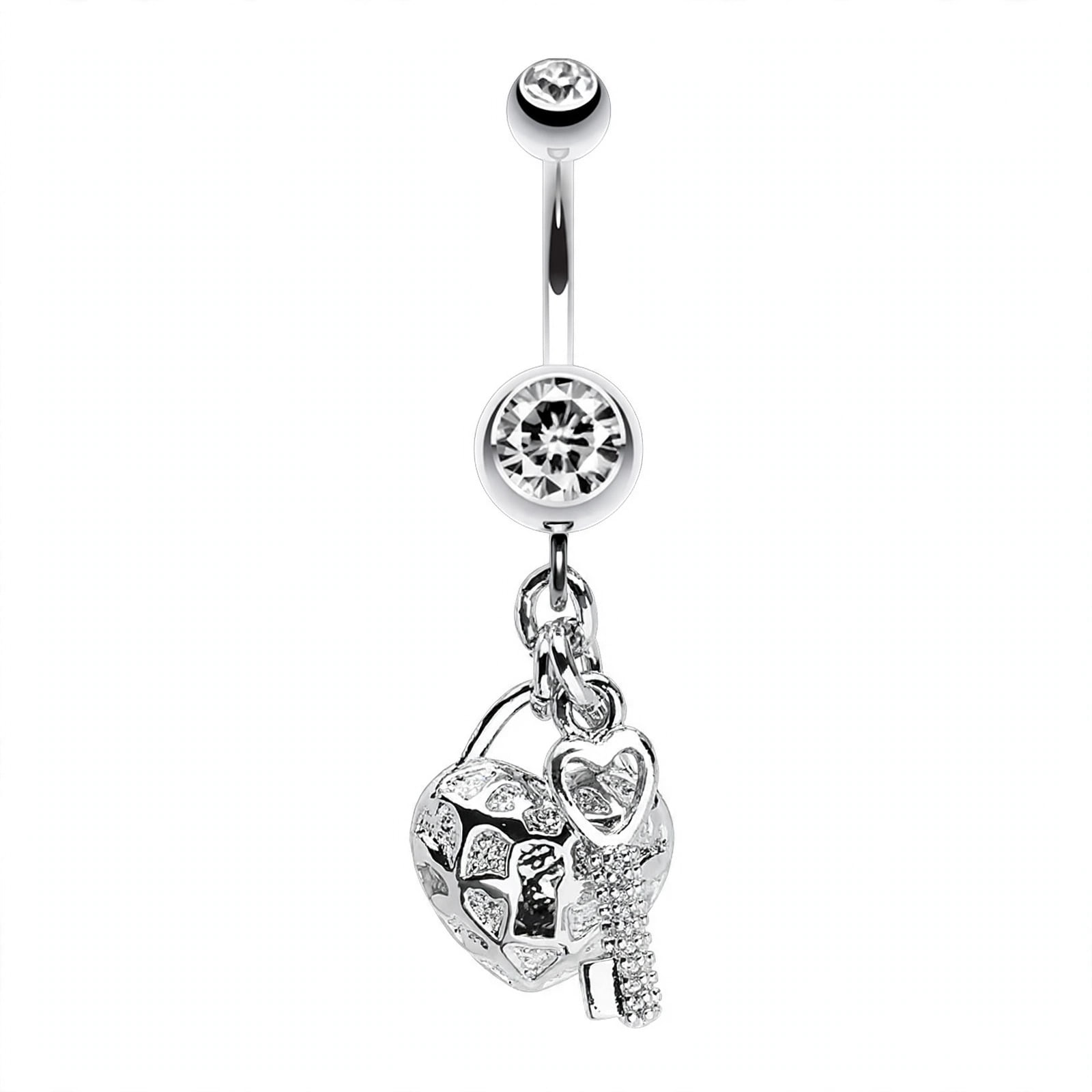 Lock In Button Skin Metals Puffed Heart Lock & Key Charm Dangle 14G Surgical Steel ...