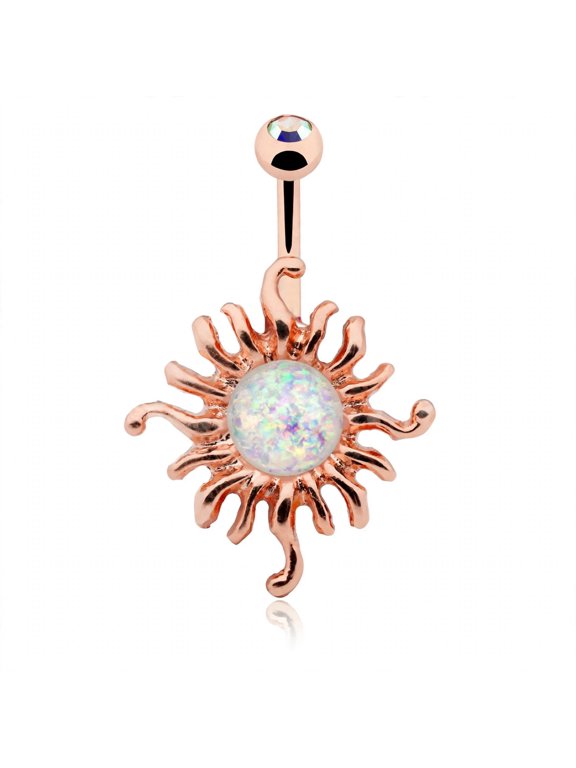 Rose Gold Illuminating Opal Sun 14G Belly Button Ring, Aurora Borealis/White