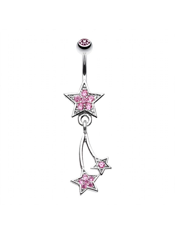 Sparkle Shooting Stars 14G Surgical Steel Belly Button Ring, Light Pink