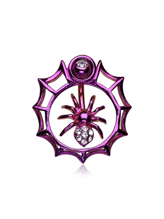 Spider in Web Sparkle 14G Colorline Steel Reverse Top-Down Belly Button Ring, Purple