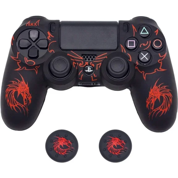 Skin for PS4 Controller, BRHE Anti-Slip Grip Silicone Cover Protector Case Compatible with PS4 Slim/Pro Wireless/Wired Gamepad Controller with 2 Dragon Carving Thumb Grip Caps Blue