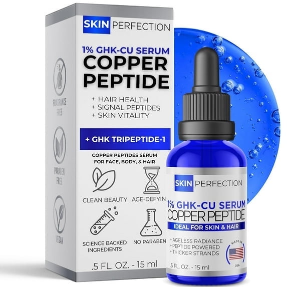 Skin Perfection GHK-CU Copper Peptides Serum for Face & Hair - Copper Peptide for Skin, Hair & Scalp - 1% Blue Liquid for Face, Neck, Body, and Scalp Multi-Use Serum Booster with Dropper 0.5 fl oz