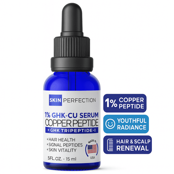 Skin Perfection GHK-CU Copper Peptides Serum for Face & Hair - Copper Peptide for Skin, Face, Neck, Body, Hair & Scalp - 1% Blue Liquid Multi-Use Serum Booster with Dropper 0.5 fl oz