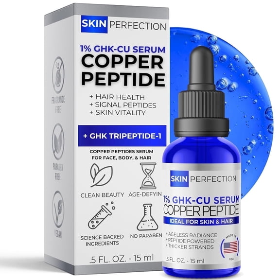 Skin Perfection GHK-Cu Copper Peptide Serum Booster, 1 Percent Blue Liquid For Face, Neck, Body, Hair, And Scalp, 0.5 oz