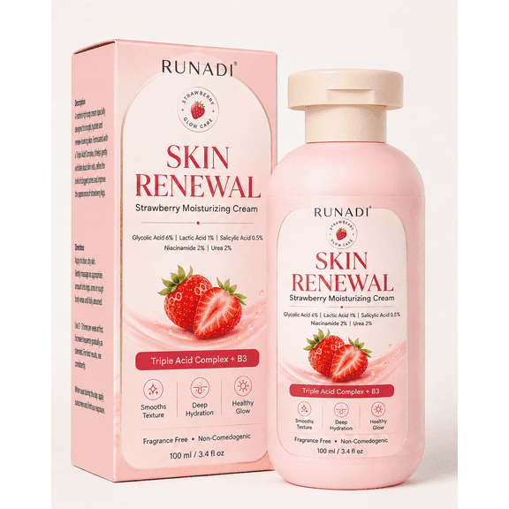 Skin Renewal Strawberry Moisturizing Body Cream with Glycolic Acid, Lactic Acid, Salicylic Acid, Niacinamide and Urea, Fragrance Free
