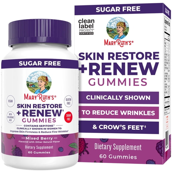 MaryRuth's Skin Restore & Renew Gummies with Hyaluronic Acid, Skin Health, Wrinkles, Vegan Sugar Free, Mixed Berry, Adults Ages 18+, 60 Count