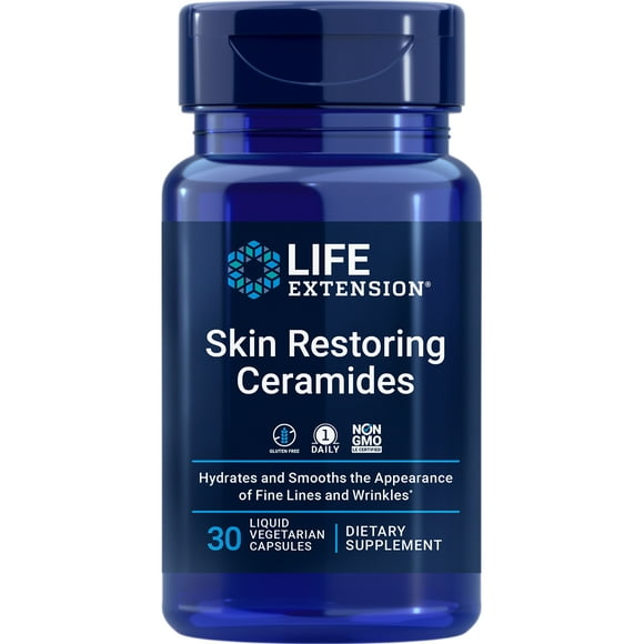 Life Extension Skin Restoring Ceramides Wheat Oil Extract Hydrates & Smooths the Appearance of Fine Lines & Wrinkles Gluten-Free, Non-GMO, 1-Daily, Vegetarian 30 Liquid Capsules
