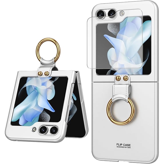 Skin Slim Cover for Samsung Galaxy Z Flip 5 5G Case with Ring Hook Kickstand Flip5 PC Hard Phone Case (Silver,Z Flip 5)
