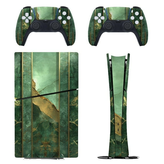 Skin Sticker for PS5 Slim Standard Disc Digital Edition Console and Controllers Decals for Playstation 5 (Green Gold Marble Modern Luxury,,PS5 Disc Edition)