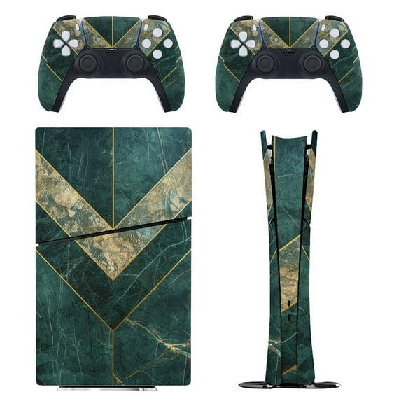 Skin Sticker for PS5 Slim Standard Disc Digital Edition Console and Controllers Decals for Playstation 5 (Green Gold Marble Modern Luxury,,PS5 Disc Edition)