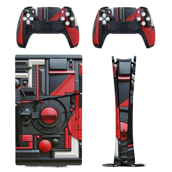 Skin Sticker for PS5 Slim Standard PS5 Pro Disc Digital Edition Console and Controllers Decals for Playstation 5 (Black Red Wave,PS5 Slim Disc Edition)
