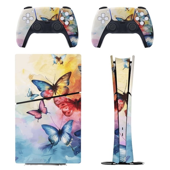 Skin Sticker for PS5 Slim Standard PS5 Pro Disc Digital Edition Console and Controllers Decals for Playstation 5 (Butterfly Watercolor ,PS5 Pro Standard)